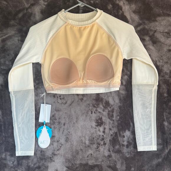 WET Sz Small Swim Shirt Rash Guard Cropped With Cups Ivory Mesh NWT - Picture 5 of 8